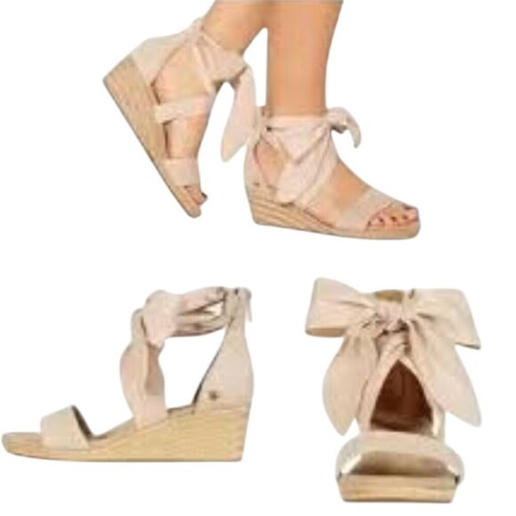 UGG NWOT Trina Espardrille Wedge 1099693 Beige Suede Bow Ankle Zip Size 8 - Picture 1 of 16